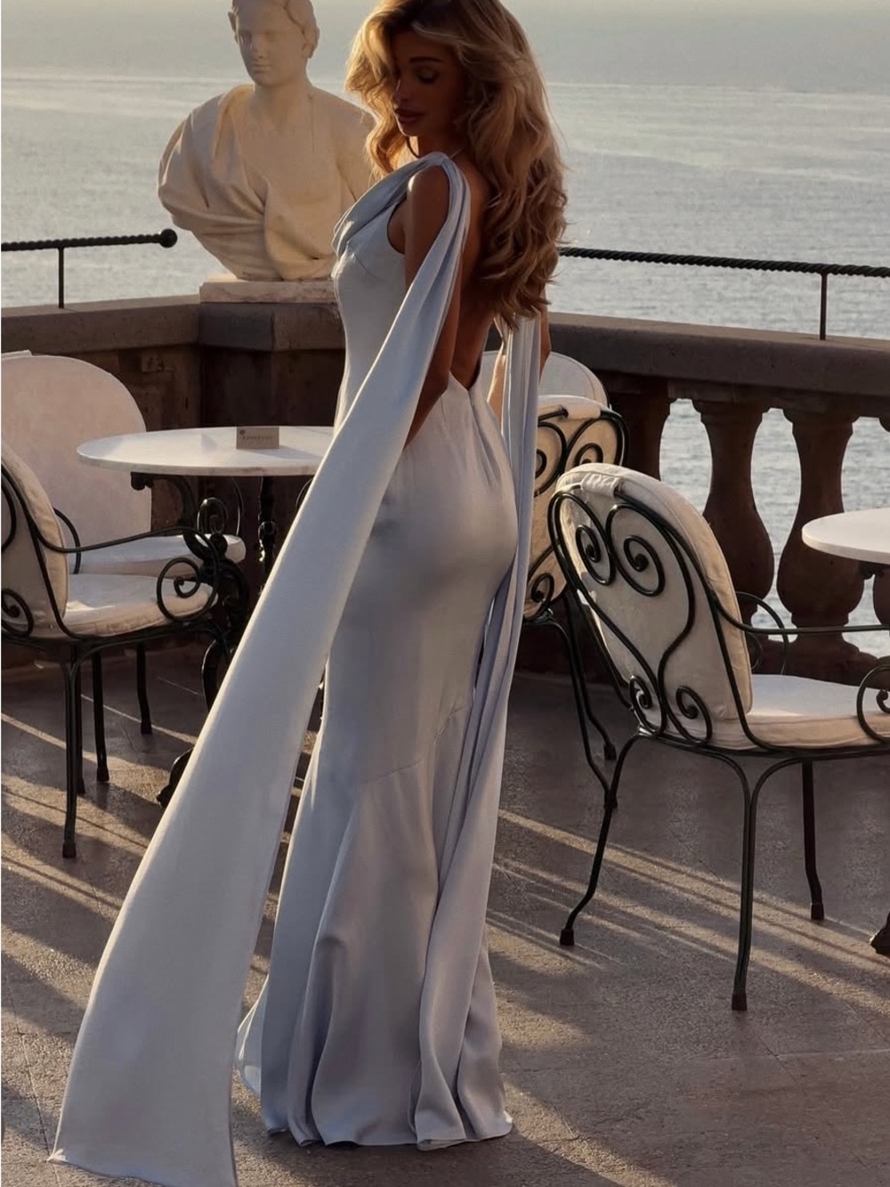 Eira Mist Blue Cowl Scarf-Detail Mermaid Maxi Dress